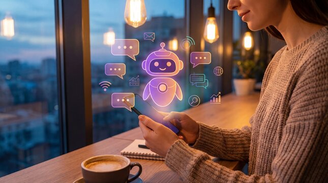 AI technology, virtual assistant, Businessman using mobile phone with virtual chatbot icon.  customer service automation and digital communication innovation concept.