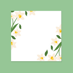 Minimalist spring floral border template with white daffodils and central copy space for social media and greeting cards