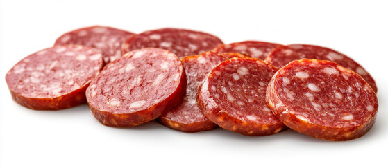 Obraz premium Appetising slices of sausage with evenly distributed streaks of fat against a white background will emphasise the gastronomic appeal, serving as a backdrop for menus or culinary blogs.