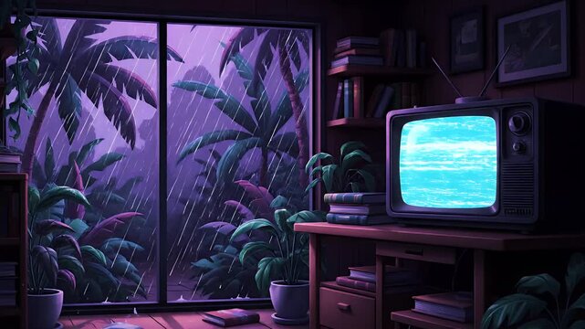 stream starting soon screen, overlay loop, animated virtual backgrounds, cozy lo-fi living room at rainstorm, vtuber asset twitch zoom OBS, anime chill hip hop. Cyan purple colours manga style
