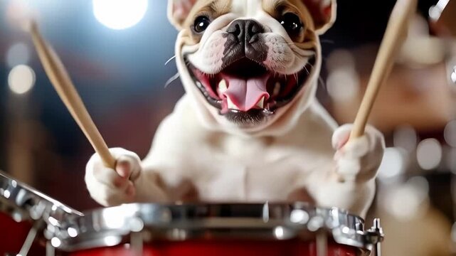 Cute bulldog drumming energetically on a drum kit with infectious enthusiasm