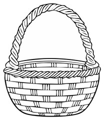 Fototapeta premium Black and white illustration of an empty woven basket with a rope handle, ready to be filled