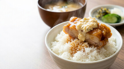 Chicken Nanban on steaming rice bowl with sauce soaking in