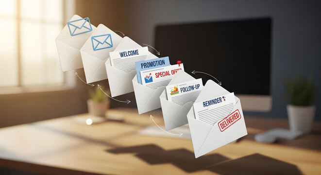 A series of sequential envelopes floating in the air illustrates the journey of an email marketing campaign.