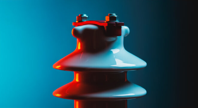Dramatic close-up of a porcelain electrical insulator under neon blue and red light, symbolizing high voltage energy, power transmission infrastructure, and modern engineering technology.