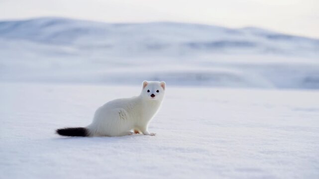 White Ermine Observes Icy Winter Terrain. Silent Arctic Landscape Features Curious White Animal Resting