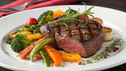grilled beef steak with vegetables, grilled steak with vegetables