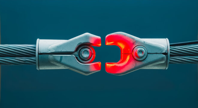 Industrial Connection Concept: Close-up of metal hooks and braided steel wire ropes with intense red glow, illustrating partnership, security, engineering technology, and linkage.