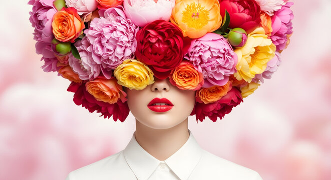 Surreal beauty portrait with red lipstick and bright peonies | Woman with colorful flower arrangement covering her face | Vibrant floral headpiece fashion art concept | Feminine spring composition of 