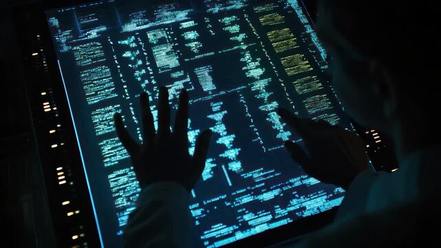 A person interacts with a large, glowing, digital display of data, hands hovering over the surface