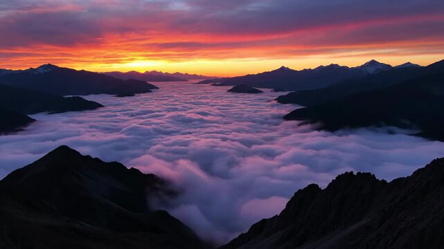 Breathtaking alpine sunrise over a sea of clouds, dark mountain ridges frame the vibrant orange sky. Use for cinematic travel projects.