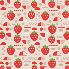 苺と幾何学モチーフのシームレスパターン（ベージュ）：赤い苺と半円・ドット・ラインなどの幾何学モチーフを組み合わせた北欧風シームレスパターン。くすみベージュ背景で落ち着きのある大人かわいい印象。デザインペーパー、ポストカード、マスキングテープ、マスキングシールブックタイプ、フレークシール、ノートの表紙など文具・雑貨用途に最適。