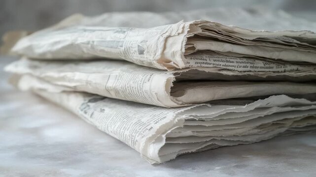 A stack of aged, layered papers with text, close up, showing torn edges and varying textures