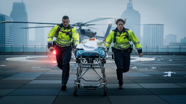 Rapid response team assists individual amid flashing helicopter lights