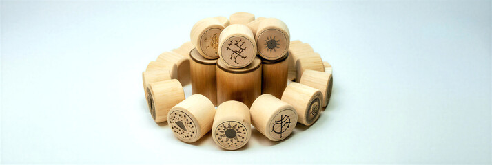 Collection of wooden stamps with carved nature designs and patterns