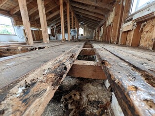 Fototapeta premium Old wooden floor in a damaged building shows signs of neglect and decay in an abandoned space during daylight