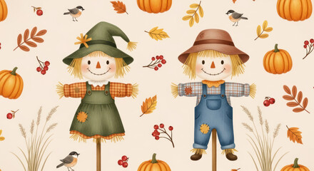 Autumn-themed pattern with scarecrows, pumpkins, leaves, berries, and birds.