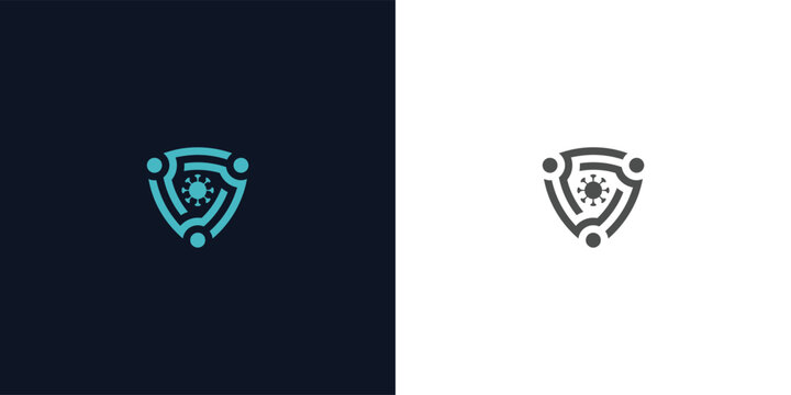 Shield logo with virus protection and people around it modern design.
