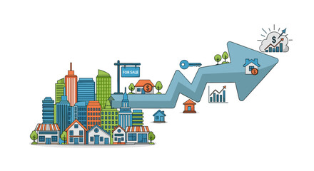 Colorful Cityscape Illustration with Rising Arrow.