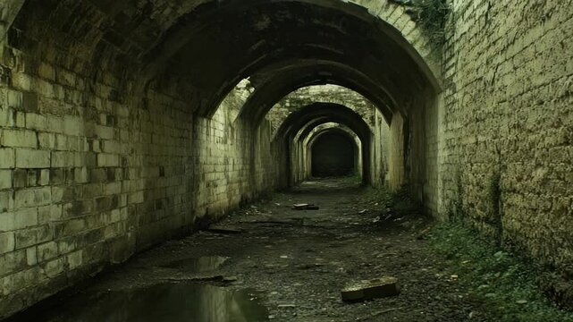 A brick tunnel with arched ceilings, dim lighting, and puddles reflecting the dim environment