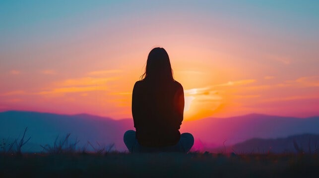 A woman sits on a hillside, looking out at the sunset