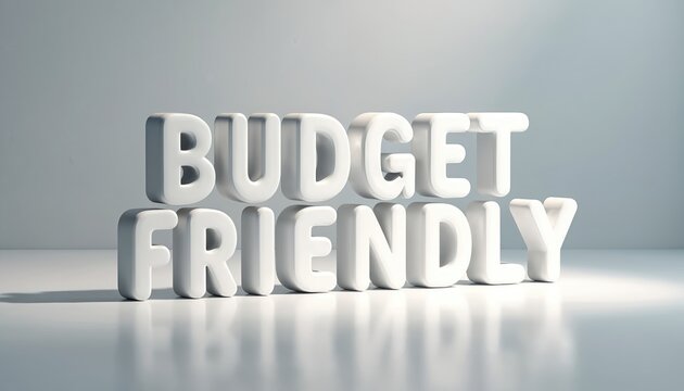White 3D text spells BUDGET FRIENDLY on a clean reflective surface. This graphic emphasizes cost-effectiveness and affordability for consumers and businesses alike.