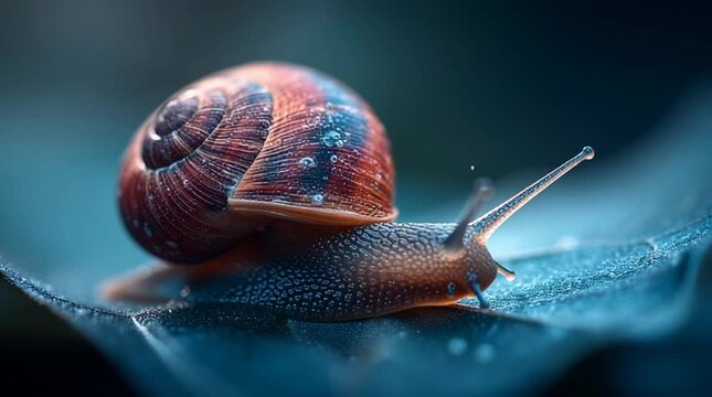 Colorful close-up of a snail resting on a dewy green leaf in nature