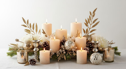 Decorative arrangement with candles, pinecones, and festive ornaments.