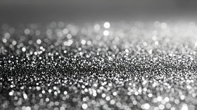 A close-up, glittering surface of silver particles with a blurry background and a gray gradient