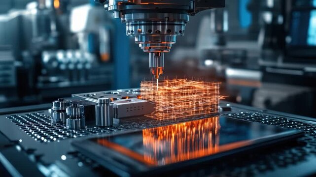 A close-up of a machine manufacturing process, with glowing grid emerging from a device