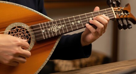 Obraz premium Man Playing Oud Musical Instrument Closeup.