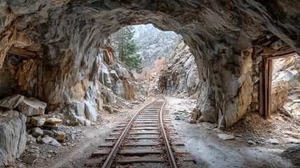 Naklejka premium Train tracks run through a rocky tunnel surrounded by trees and mountains in a remote area during daylight