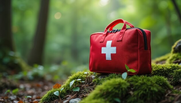 Red first aid kit with white cross rests on mossy ground in forest. Medical bag for emergency care during outdoor adventure, hiking, or camping trip.