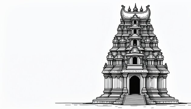 Minimalist line art of intricate Hindu temple tower. Detailed architectural structure. Ornate traditional Indian religious building exterior. Sacred place for worship, pilgrimage. Cultural landmark.