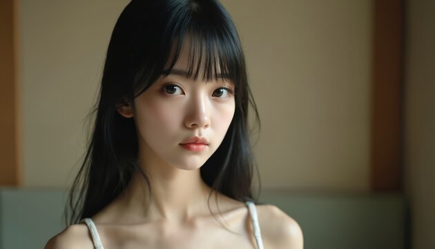 Young Asian woman indoor portrait with long black hair and bangs. Serious calm expression, direct gaze, natural light and soft shadows. Classic modern beauty.