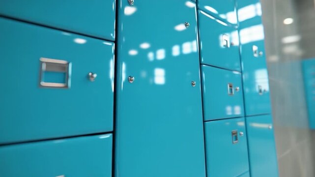 A close-up view presents a row of turquoise lockers with metallic handles and screws. The reflection of a building is visible
