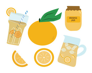 Flat vector illustration of oranges, slices, juice and marmalade elements. Bright citrus composition ideal for beverage branding, packaging, summer promotions and food design.