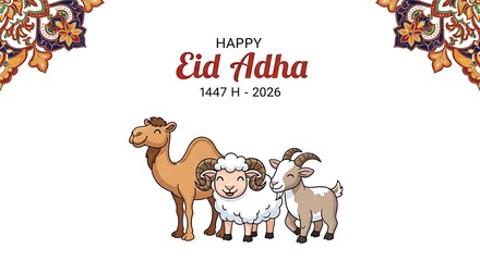Naklejka premium Happy Eid Adha 1447 H 2026 Celebration with Camel Sheep and Goat Illustration.