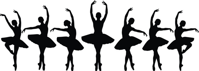 Seven black silhouettes of ballerinas in various dance poses ballet © Salam Creatives