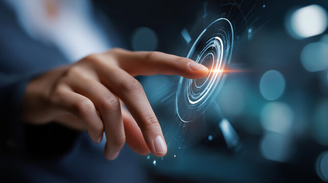 Index finger precisely touching interface element on digital screen demonstrating modern usability concept human computer interaction visualization touchscreen interface