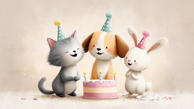 Cute animals celebrate birthday with party hats and cake