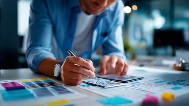 Faceless graphic designer planning application process development and creating prototype wireframe for web and smartphone interface planning process design workflow