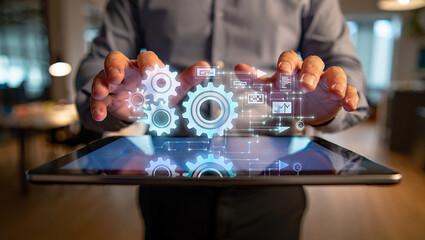 Professional interacting with holographic gear icons and industrial symbols for smart factory management