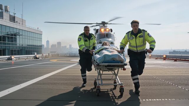 Daylight emergency crew swiftly transports patient on rooftop helipad