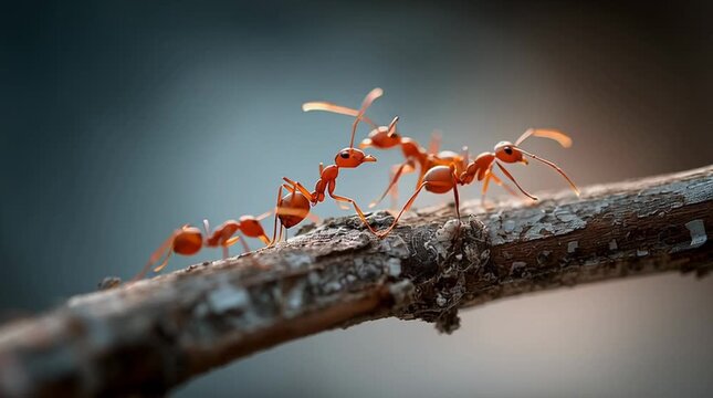 Close-Up of Red Ants Crawling on a Branch in Natural Habitat
