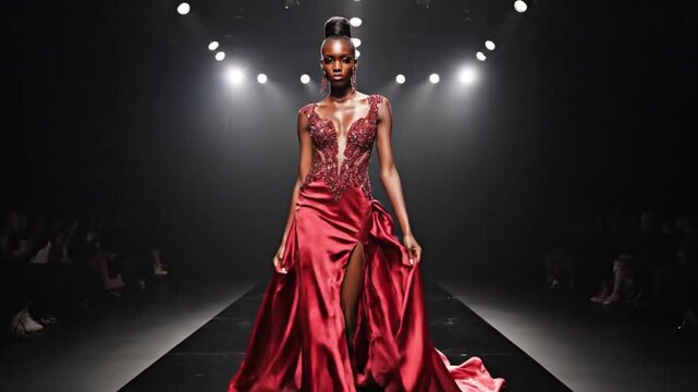 Confident female model strutting down dark catwalk runway wearing elegant red satin sleeveless gown with intricate beaded bodice under spotlights