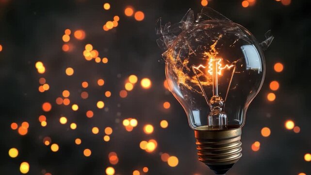 A lit, shattered bulb with bokeh lights on black. The bulb's filament glows brightly, surrounded by shards
