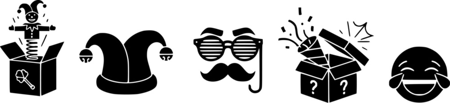 April Fool Prank Icons Set Featuring Jack In The Box Jester Hat Disguise And Mystery Box