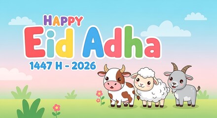 Obraz premium Happy Eid Adha 1447 H - 2026 Celebration with Cute Cartoon Animals.