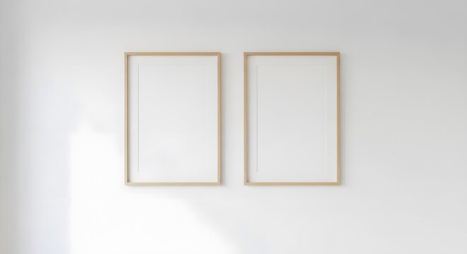 mockup Two vertical blank picture frames hang side-by-side on a bright white wall with soft natural light casting a shadow on the left side.